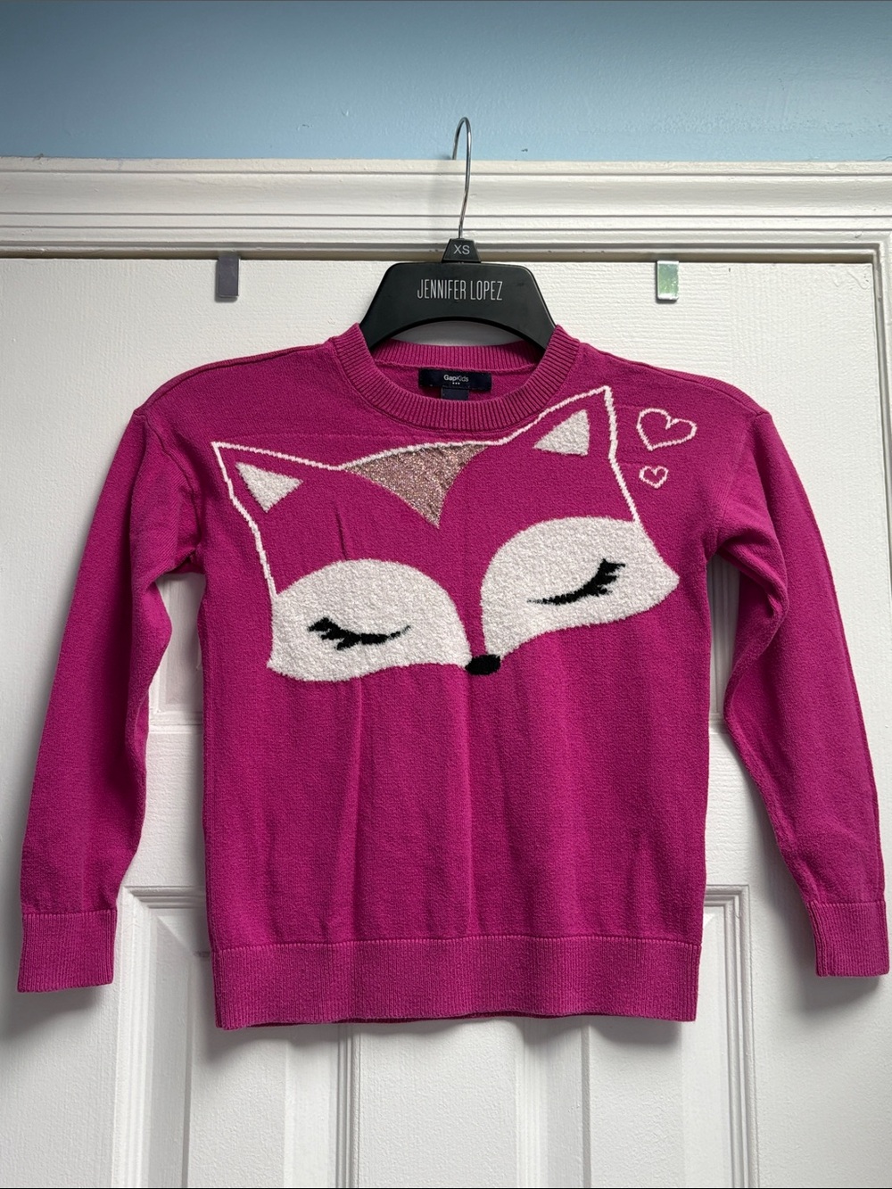 GAP Kids Magenta Pink Intarsia Crew Graphic Fox Knit Sweater 100% Cotton Girls S
